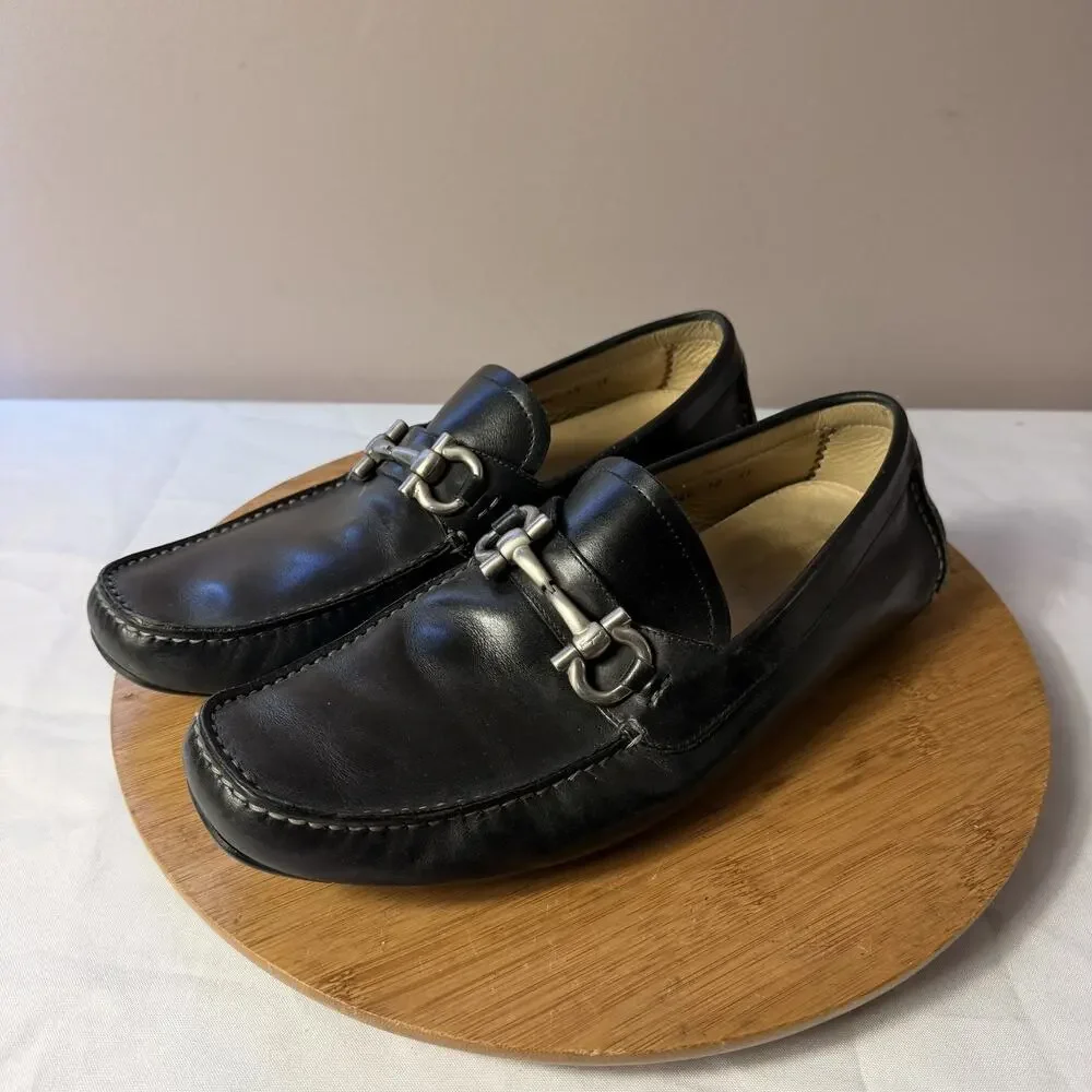 Preowned SALVATORE FERRAGAMO PARIGI Black Calf Leather Men Loafers Size 10 2E